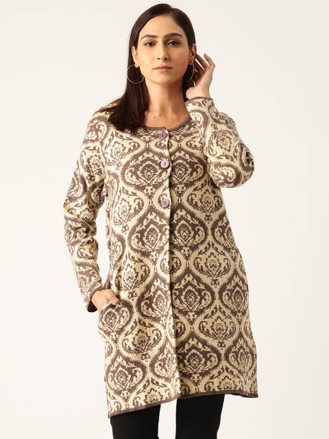 

American Eye Women Cream-Coloured & Brown Self Design Longline Cardigan Sweater