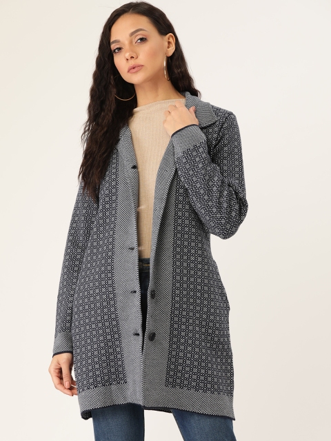

American Eye Women Navy Blue & Off-White Self Design Longline Cardigan Sweater