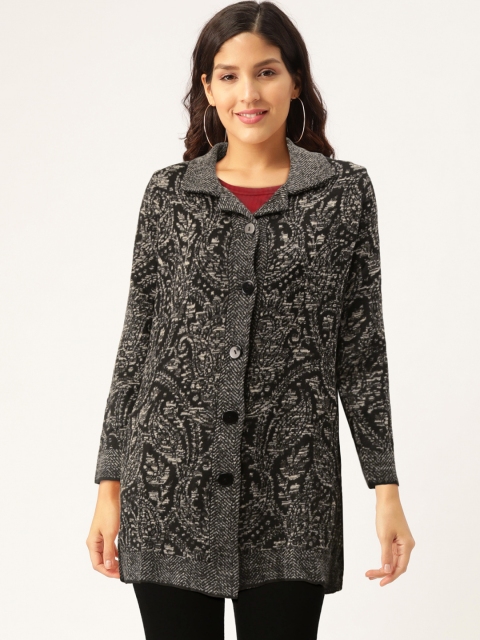 

American Eye Women Charcoal Grey & Off-White Self Design Cardigan