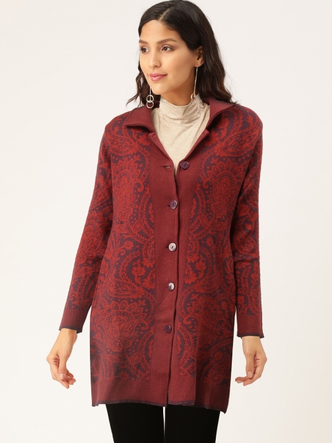 

American Eye Women Maroon & Navy Blue Self Design Cardigan
