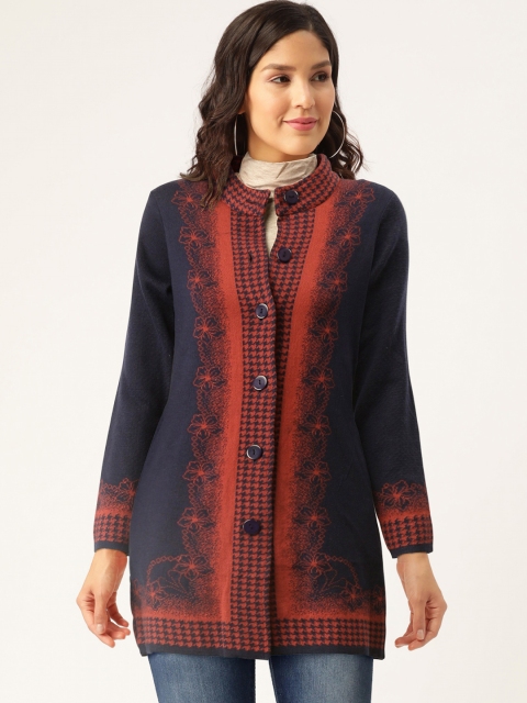 

American Eye Women Navy Blue & Maroon Self Design Cardigan