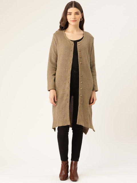 

American Eye Women Beige Self Design Shimmer Detail Longline Cardigan