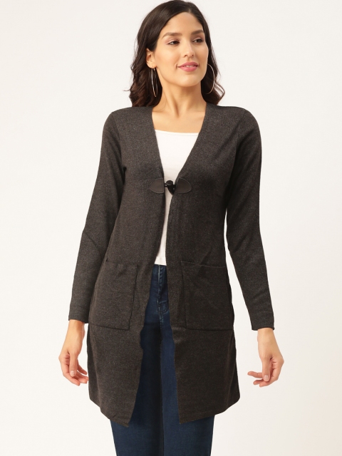 

American Eye Women Charcoal Grey Solid Longline Cardigan