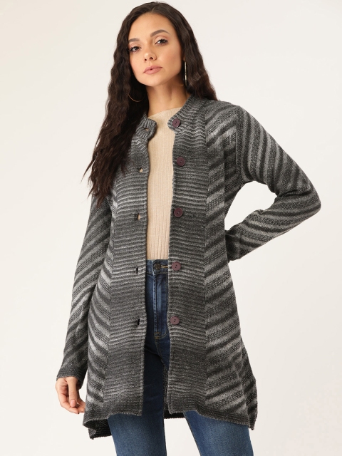 

American Eye Women Charcoal Grey Striped Longline Assymetric Cardigan Sweater
