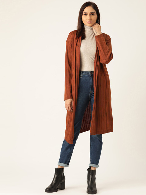 

American Eye Women Rust Brown Striped Front-Open Longline Sweater