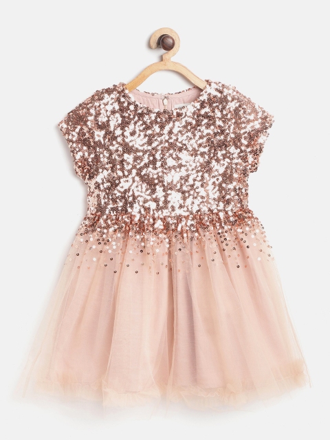 

Cherry Crumble Girls Peach-Coloured Embellished Fit and Flare Dress with Bow Tie