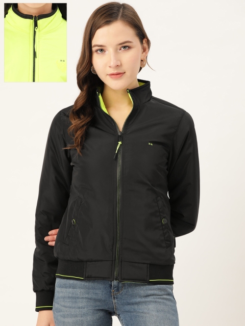 

Okane Women Black & Fluorescent Green Solid Reversible Bomber Jacket