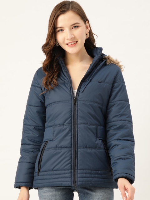 

Okane Women Navy Blue Solid Parka Jacket with Detachable Hood