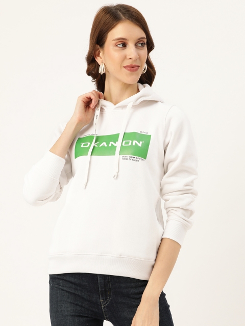 

Okane Women White & Green Solid Hooded Sweatshirt with Brand Logo Print on Chest