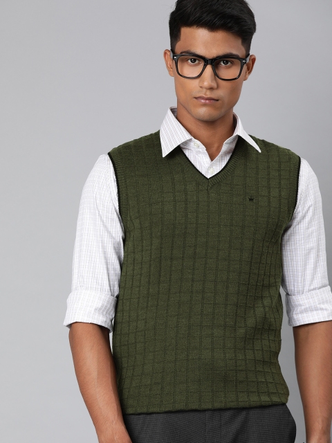 

Louis Philippe Men Olive Green Checked Sweater Vest Sweater