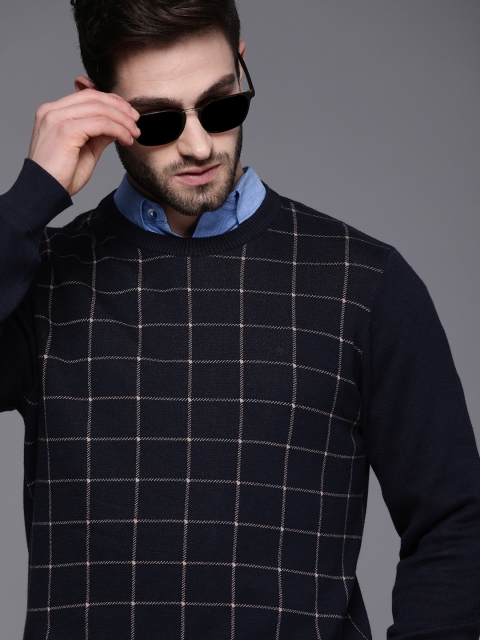 

Louis Philippe Men Navy Blue & Beige Checked Pullover