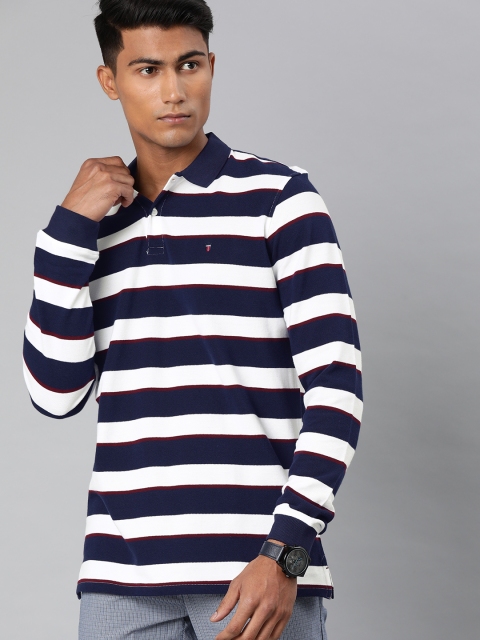 

Louis Philippe Sport Men White Navy Blue Striped Polo Collar Pure Cotton T-shirt