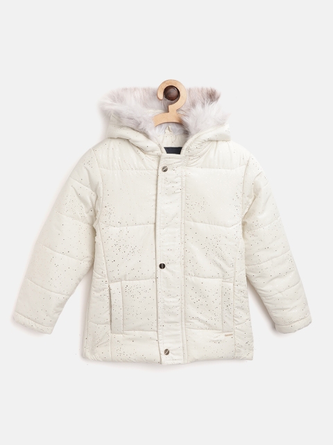 

Okane Girls Off-White & Golden Printed Parka Hooded Jacket with Faux Fur Trim