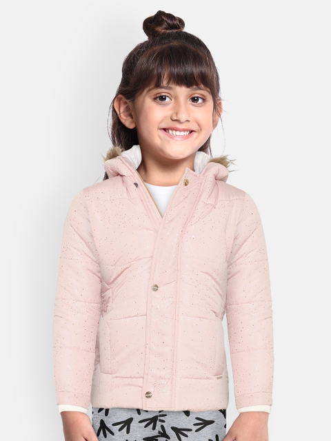 

Okane Girls Pink & Golden Printed Parka Hooded Jacket with Faux Fur Trim