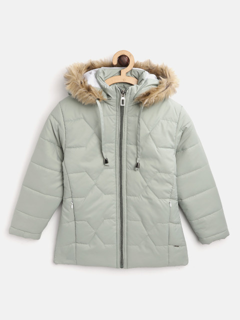 

Okane Girls Mint Green Solid Faux Fur Trimmed Parka Jacket with Detachable Hood