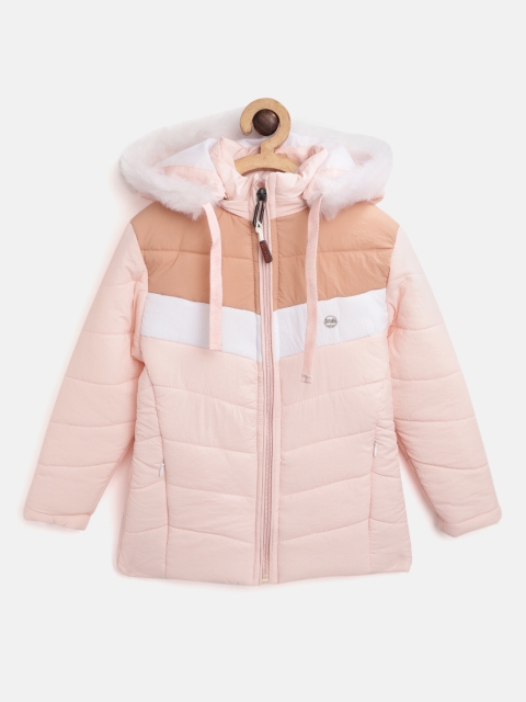 

Okane Girls Pink Colourblocked Faux Fur Trimmed Parka Jacket with Detachable Hood