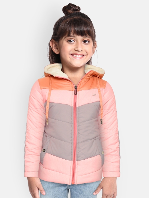 

Okane Girls Pink & Grey Colourblocked Hooded Padded Jacket with Faux Fur Lining on Hood