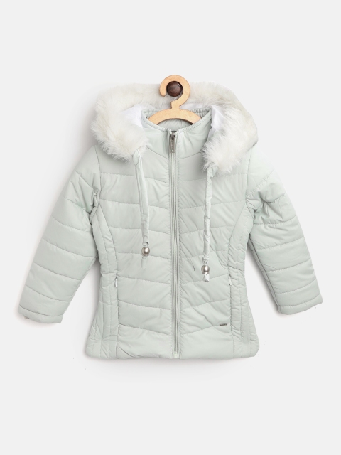 

Okane Girls Mint Green Solid Faux Fur Trimmed Parka Jacket with Detachable Hood