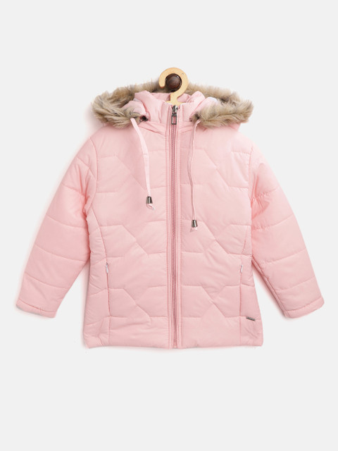 

Okane Girls Pink Solid Faux Fur Trimmed Parka Jacket with Detachable Hood
