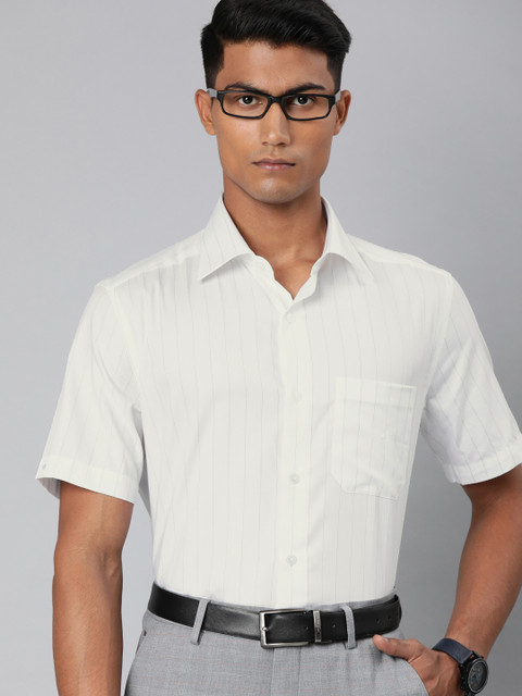 

Louis Philippe Men White & Brown Classic Fit Striped Formal Shirt