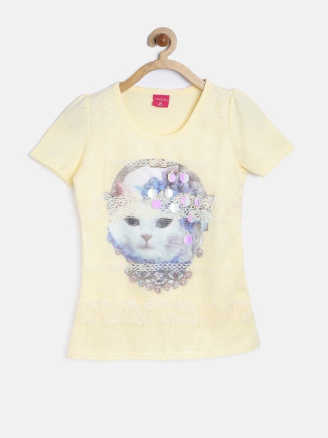 

Tiny Girl Yellow Cat Print Crochet Top