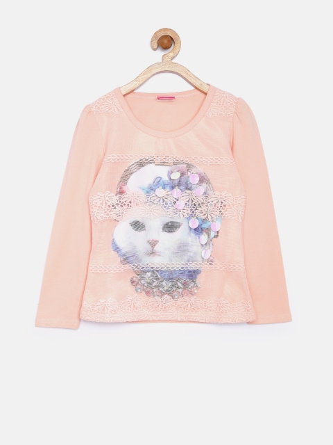 

Tiny Girl Peach-Coloured Cat Print Crochet Mesh Embellished Top