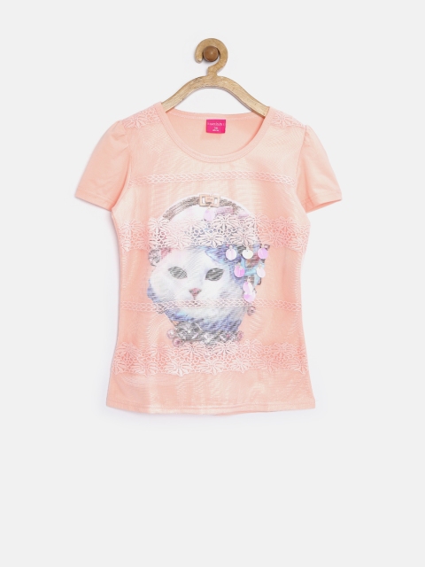 

Tiny Girl Peach-Coloured Cat Print Crochet Mesh Top