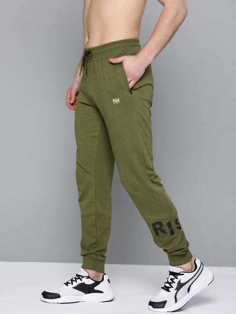 

HERE&NOW Men Olive Green Pure Cotton Solid Joggers
