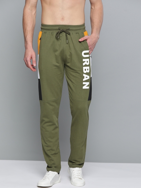 

HERE&NOW Men Olive Green Pure Cotton Printed Detail Track Pants