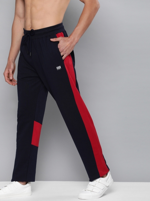 

HERE&NOW Men Navy Blue Solid Pure Cotton Track Pants with Side Stripes