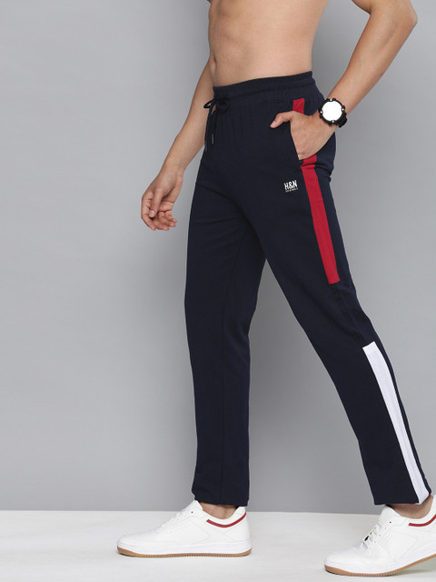 

HERE&NOW Men Navy Blue Solid Pure Cotton Track Pants with Side Stripes