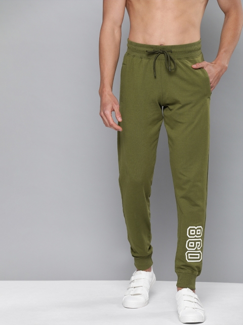 

HERE&NOW Men Olive Green Solid Pure Cotton Joggers with Printed Detailing