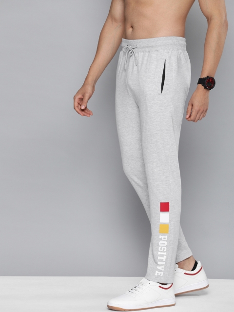 

HERE&NOW Men Grey Melange Solid Pure Cotton Track Pants with Printed Detail