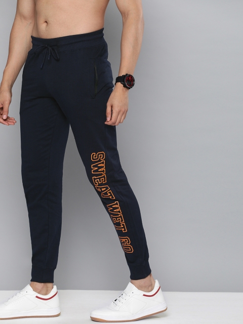 

HERE&NOW Men Navy Blue Solid Pure Cotton Joggers with Printed Detailing