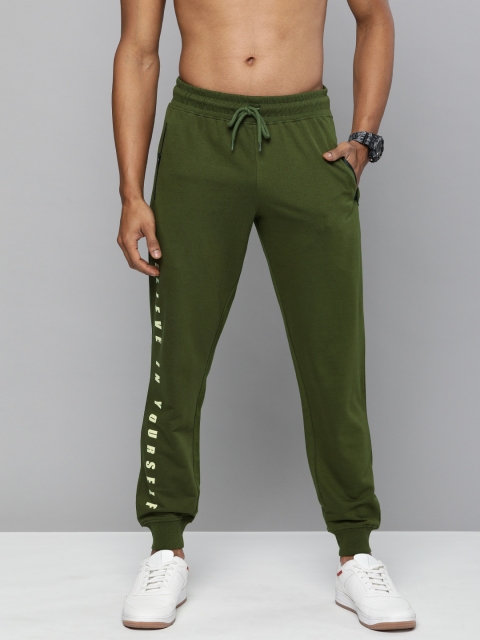 

HERE&NOW Men Olive Green Solid Pure Cotton Joggers with Printed Detail