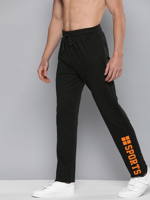 

HERE&NOW Men Charcoal Grey Solid Pure Cotton Track Pants with Printed Detail