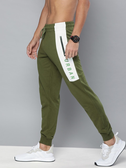 

HERE&NOW Men Olive Green & White Colourblocked Joggers, Gold