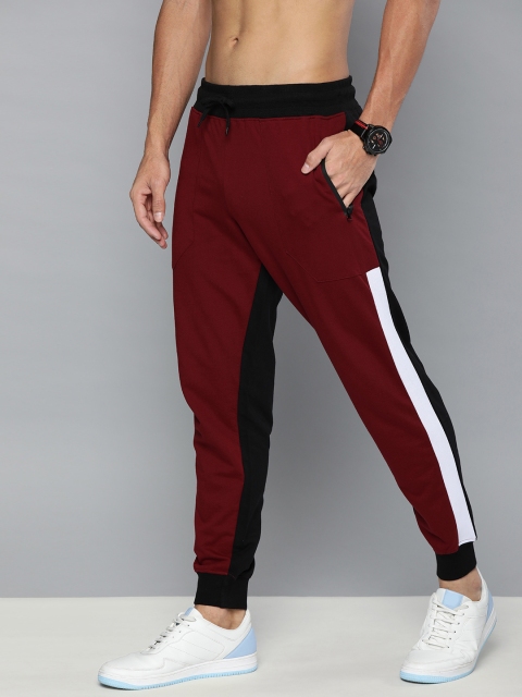 

HERE&NOW Men Maroon & Black Colourblocked Joggers with Side Stripe Detail