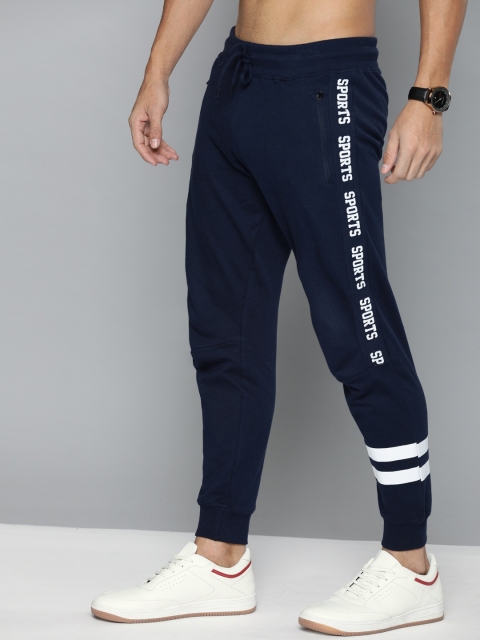 

HERE&NOW Men Navy Blue Straight Fit Solid Joggers with Printed Detail