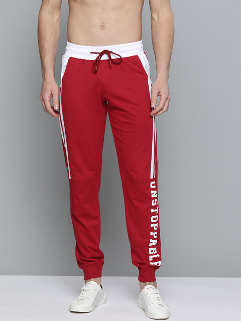 

HERE&NOW Men Red Pure Cotton Printed Detail Joggers