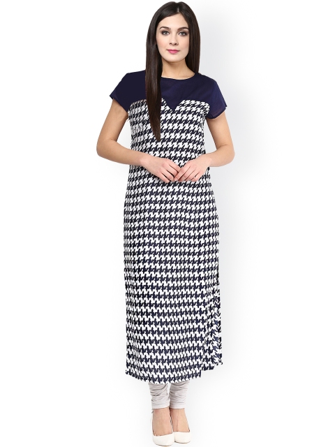 

Pannkh Navy & White Houndstooth Print Kurta, Navy blue