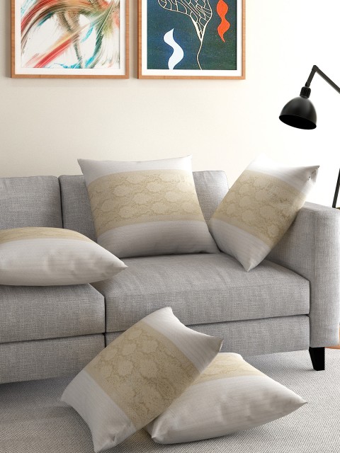 

ANS Off-White Set of 5 Brocade Motif 16'' x 16'' Square Cushion Covers