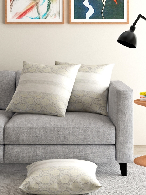 

ANS Off-White & Silver-Coloured Set of 3 Brocade Motif 16'' x 16'' Square Cushion Covers