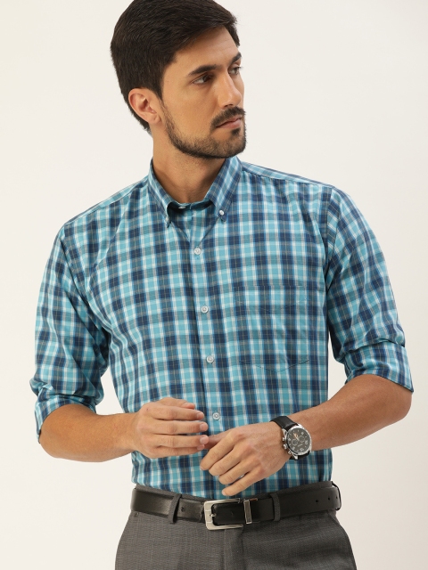 

Hancock Men Turquoise Blue & Yellow Slim Fit Checked Formal Shirt