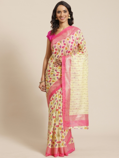 

Vipul Cream-Coloured & Pink Floral Print Saree