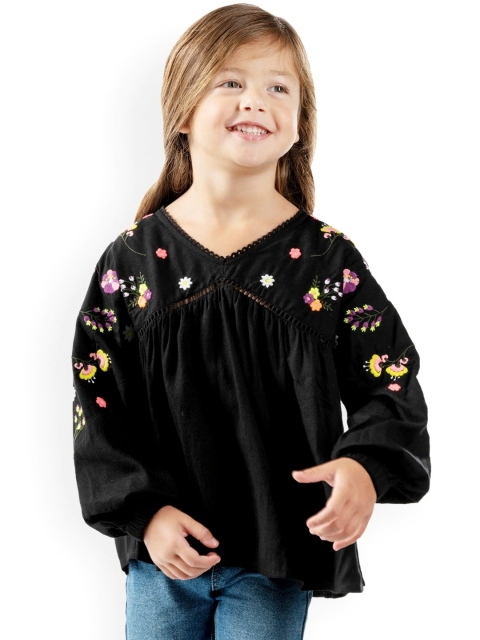 

Cherry Crumble Girls Black Embroidered A-Line Top