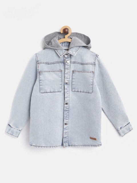 

Cherry Crumble Girls Blue Solid Chambray Denim Hooded Shirt