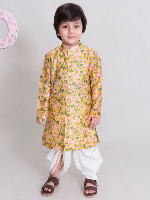 

Tiber Taber Boys Yellow & Off-White Floral Printed Kurta with Dhoti Pants