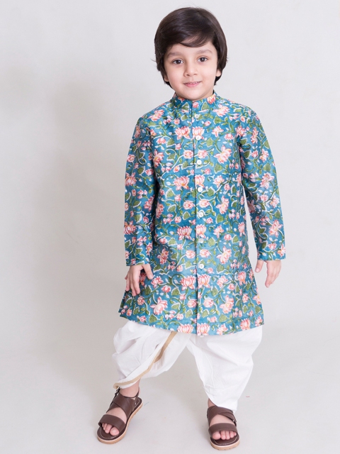 

Tiber Taber Boys Blue & Off-White Lotus Printed Kurta with Dhoti Pants