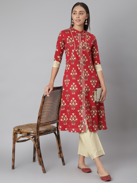 

Khushal K Women Red & Beige Floral Printed Kurta with Palazzos